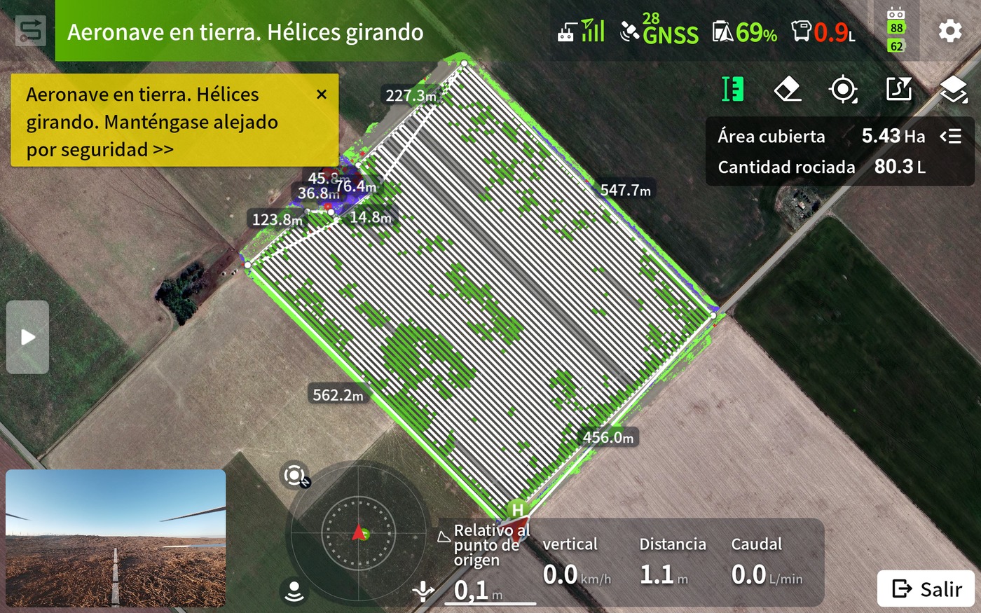 Controlador del equipo al terminar el trabajo: 5,43 ha cubiertas, 80,3 litros aplicados